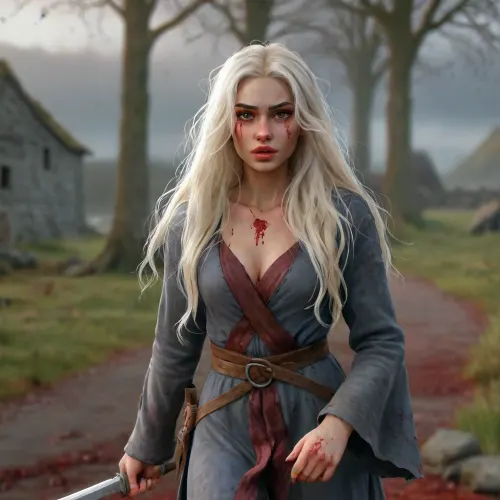 young 21year-old girl with long white hair, covered in blood, clothes torn, walking on a battlefield with a knife in her hand in the Scottish Islands, medieval setting, realistic style, detailed landscape, soft lighting, dramatic atmosphere, dead soldiers scattered everywhere, foggy morning, detailed faces, perfect anatomy, clear focus, photorealistic quality, 8k resolution, intricate clothing details, natural surroundings, dark colors, expressive face, loose hair, delicate facial features, tragic expression, cold weather effects, bloodstains on the ground, destroyed armor parts, broken weapons, realistic physics, cinematic composition, masterfully drawn art Covered in blood, gruesome, everywhere, background, bleeding, vessel, vampire, sharp teeth, bloodied face, 3DMM, lbwas, onone, leaning, back, on, one, arm, onboth, both, arms, <lora:CuteLora:1.2>, <lora:LeanBackWithArmSupport.0.9:.5>