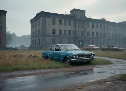 `Post-apocalyptic wasteland with crumbling city ruins overgrown with weeds, cracked asphalt road littered with abandoned rusty cars, (broken windows, decayed interiors), desolate field stretching to the horizon under a foggy sky, distant zombies shambling near collapsed buildings, 8k resolution, hyperrealistic details, cinematic HDR lighting, anti-aliasing, depth of field, photorealistic textures, (rust, cracked concrete, weathered surfaces), ray-traced shadows, volumetric fog, ambient occlusion, sharp focus on foreground debris, (shattered glass, torn posters), cold blue-gray color grading with muted accents, lossless PNG format, no pixelation, no compression artifacts.`