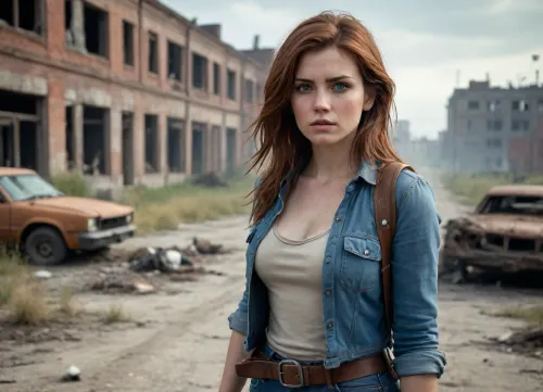 `Post-apocalyptic wasteland with crumbling city ruins overgrown with weeds, cracked asphalt road littered with abandoned rusty cars, (broken windows, decayed interiors), a desert ranger woman in tattered dusty clothing, (frayed leather straps, torn fabric belts, weathered boots, dirt-smudged skin), searches through the wreckage with fierce amber eyes and wind-tousled auburn hair, her practical yet ragged attire subtly accentuating her curves, desolate field stretching to the horizon under a foggy sky, distant zombies shambling near collapsed buildings, 8k resolution, hyperrealistic details, cinematic HDR lighting, anti-aliasing, depth of field focusing on her determined expression and the debris, (bent metal, scattered papers), photorealistic textures, (rust, cracked concrete, weathered surfaces), ray-traced shadows, volumetric fog, ambient occlusion, cold blue-gray color grading with muted accents, lossless PNG format, no pixelation, no compression artifacts.`