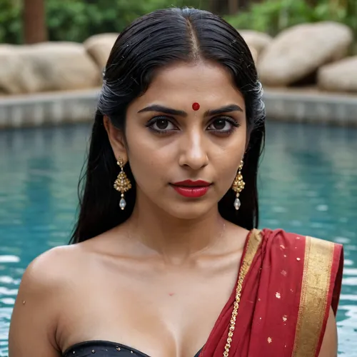 Indian women in black sari, cleavage, red lips, long eye's, detailed face, highly detailed facial features, covered in back sari, mature, 3d, realistic, 4k, background pool with crystal clear water, wet hair with water dripping, front view, looking at camera.
masterpiece, best quality, full body view