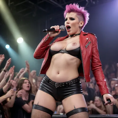 A rock concert, in the center of the crowd, on a podium jutting forward from the main stage stands sexy slim busty punk girl with a mohawk hairstyle with purple hair, her knees apart wide, she leaned forward on the edge of the stage, microphone in her hand, her mouth wide open, she aggressively screams into the crowd raging below, leather thong penetrated deep into girl's sex slitand, she is wearing an open short red leather jacket, she without a branude, massive pear-shaped breasts hang down of the jacket, mini micro skirt from under which is clearly visible plump shaved cunt is visible, her labia plump are wide open, the girl is excited, her clitoris is bifurcated sticks out, she has pink high-heeled leather boots and black stockings on her feet, In the distance, behind the girl, a rock band is performing on stage in spotlight, and a close-up of the girl's vagina is shown on the big screen., a full-length view of the model from below, heads are visible crowd, ((microphone in hand)), ((rock band)), (screen), (vagina), screen, vagina, clear image