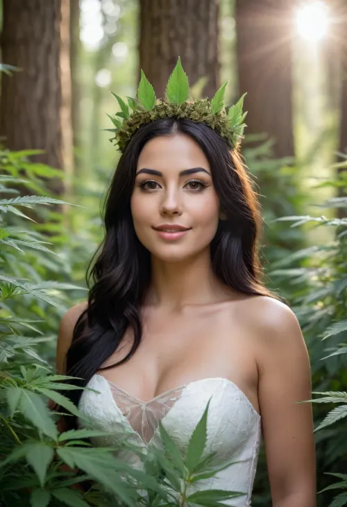 24 year old woman, average frame, beautiful face, goddess, long luscious black hair, big brown eyes, average breasts, ((beautiful large crown made of buds and leaves)), long flowing and shimmering white dress, fully clothed, standing in a thick fantasy marijuana forest, golden sunlight peeking through trees, marijuana plants, smile, <lora:marijuana-style-darquelilly-v1:.5>, marijuanastyle, GANnabis, bud, flower, cannabis, marijuana, leaves, plants, indoor, outdoor, close, up, macrophotography, resin, glands, <lora:GANnabis-000009:.5>