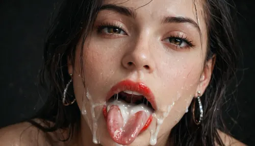 (Macro photo), (extreme close up:1.2), front view, Photorealistic, high resolution, professional photography, (open mouth), (extended tongue), (detailed tongue), (wet mouth), close-up of lips, zoom in on lips, red lipstick, excessive cum dripping from tongue, short smooth black hair, topless, cum dripping from chin, tongue sticking out, black background.