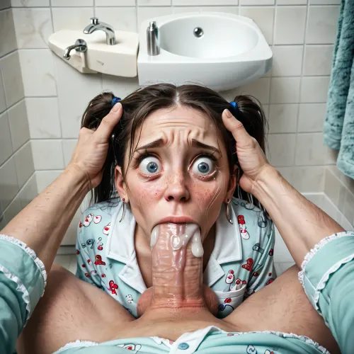(Extremely 1.4), (terrified 21 year old model face:1.5), white female, freckles, 18 years old, (forcing her head to full deepthroat:1.3), (big eyes:1.2), (minimalistic:1.3), (eyes wide in shock and fear), (Looking into camera:.6), tears, (sad Face), (huge long white dick:1.4), (pov), (pajamas), (bathroom), (cumshot), pigtails