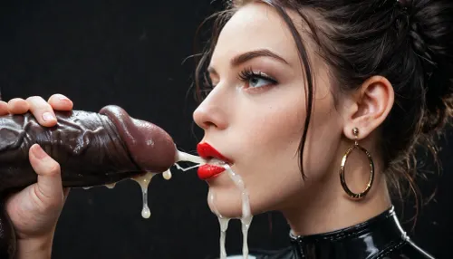 Close-up, (Side view), (Macro photo), (close up), (russian), full latex suit, (detailed mouth), tiny earrings, red lipstick, short sleek black hair, full lips, huge cock, 20 inch penis, big testicles, she touches his testicles, black cock ring, black background, handjob, (ejaculation:1.7), cum dripping from lips.
