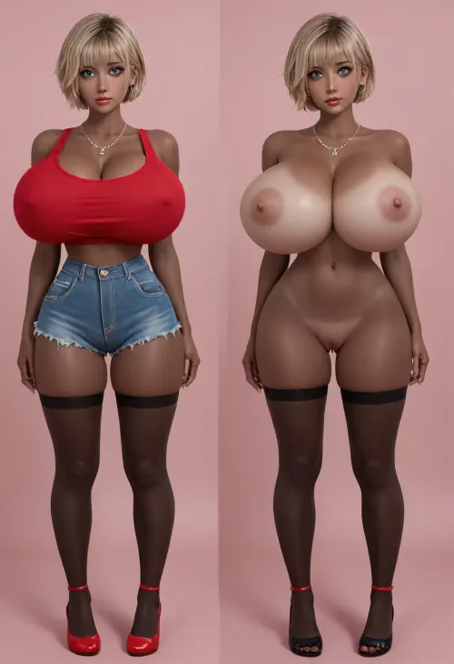 (masterpiece, ultra-detailed, best quality), photo-realistic, hyper-realism, clear image, detailed face, full body shot, cute, pretty, 21years old, Stupid girl who likes to masturbate.Japanese girl standing, (strait-on, frontal body), look at viewer, black clean eyes, naked, barefoot, round face, blonde hair, pixie-cut, bangs, (very black skin, flashy makeup, hourglass body, tiny waist, big ass, gigantic natural breasts:1.5), wet pussy, dripping love juice, (same person, same pose, same angle), (2Split screens, 2split views, onoff:1.2), (wearing tight red tank-top extreme cleavage and shorts and fish-net stockings and high-heels.extremely earrings, necklace), (simple light-blue and pink background), BREAK, <lora:OnoffXL_ExtraCrispy:.7>