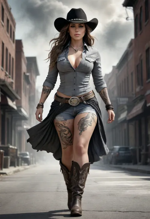 A digital drawing of an urban cowgirl, full body, walking on the street, wearing cowboy boots and hat, dynamic pose, high contrast black and white background, light grey smoke swirls around her as she walks, long hair flowing in wind, bbw figure, tattoo style art with bold lines and dark shading, urban fantasy vibe, urban setting, high resolution, high detail, high quality, sharp focus, intricate details, cinematic lighting, atmospheric perspective, realism, concept art