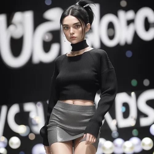 Vogue Runway, Minimalistic full-body shot of a young, pretty woman with black hair in a ponytail, wearing an oversized, long-sleeved, tight-knitted transparent black top and a short skirt decorated with silver pearls, (walking on the runway in the style of Vogue), with, pokies, <lora:pokies_9:.5>