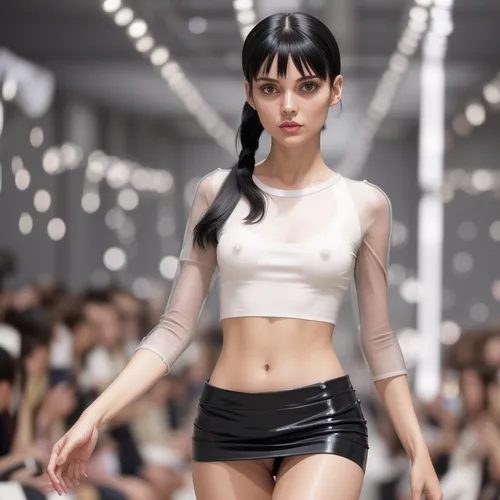 Vogue Runway, Minimalistic full-body shot of a young, pretty woman with black hair in a ponytail, wearing an long-sleeved, tight transparent sparkling white top and a short skirt decorated with silver pearls, (walking on the runway in the style of Vogue), see-through, t-shirt, covered_nipples, <lora:suke_Tshirt:.5>