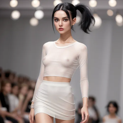 Vogue Runway, Minimalistic full-body shot of a young, pretty woman with black hair in a ponytail, wearing an long-sleeved, tight transparent sparkling white top and a short skirt decorated with silver pearls, (walking on the runway in the style of Vogue), see-through, t-shirt, covered_nipples, <lora:suke_Tshirt:.5>