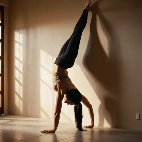 A young, athletic woman with long black hair is performing a handstand against a wall. She is wearing a tight beige sleeveless crop top and black leggings that highlight her toned physique. Her bare feet are pressed against the wall for balance, and her hands are firmly planted on the glossy white floor. Her hair falls freely towards the ground, partially covering her focused face. The background features a minimalist indoor setting with a wooden door, a plain light-colored wall, and a water bottle placed on the floor. The lighting casts a sharp shadow of her pose on the wall, adding depth to the scene.