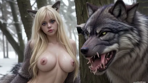 Cinematic Full view the viewer looks at a 25 years old blonde Girl with big breasts and Long Hard nipples in a wood. She is fucked by a gray Wolf men with a Giant penis. 4k epic detail, shot on kodak, 35mm photo, sharp focus, high budget, cinemascope, moody, epic, gorgeous, film grain, rating, explicit, submissive, big_eyes, Dripping penis, Cum on skin, Drooling Wolf man, Dirty shaggy wolf fur, streaming Drooling wolf face