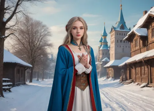young slavic beauty, bright blue eyes, ash-coloured hair, gorgeous figure, 16th century Russian dress, (full-length picture:1.2), (fantasy art, artwork:1.5), in winter, medieval russian village, (anime drawing:1.6), (sharp lines, flat colors:1.6), white kremlin in background
