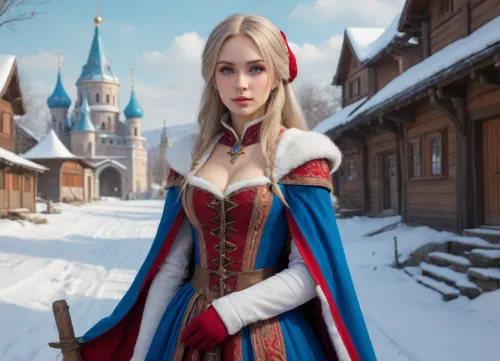 young slavic beauty, bright blue eyes, ash-coloured hair, gorgeous figure, 16th century Russian dress, (full-length picture:1.2), (fantasy art, artwork:1.5), in winter, medieval russian village, (anime drawing:1.6), (sharp lines, flat colors:1.6), white kremlin in background