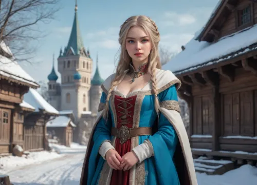 young slavic beauty, bright blue eyes, ash-coloured hair, gorgeous figure, 16th century Russian dress, (full-length picture:1.2), (fantasy art, artwork:1.5), in winter, medieval russian village, (anime drawing:1.6), (sharp lines, flat colors:1.6), white kremlin in background