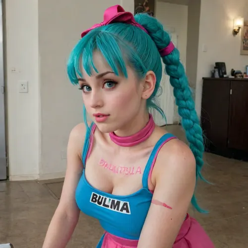 BULMA from Dragonball, pink dresswith Bulma written on it. side ponytail, (hyper-detailed), depth of field, professional, best quality, deepthroat, masterpiece, ((bulma is getting face fucked, cum on face, (big penis cumshot:1.2))), a, woman, with, blue, hair, in, pink, outfit, text, ''BULMA'', ''99', cap9motosdxl, <lora:Bulma1024:.5>, <lora:cap9motosdxl:.5>