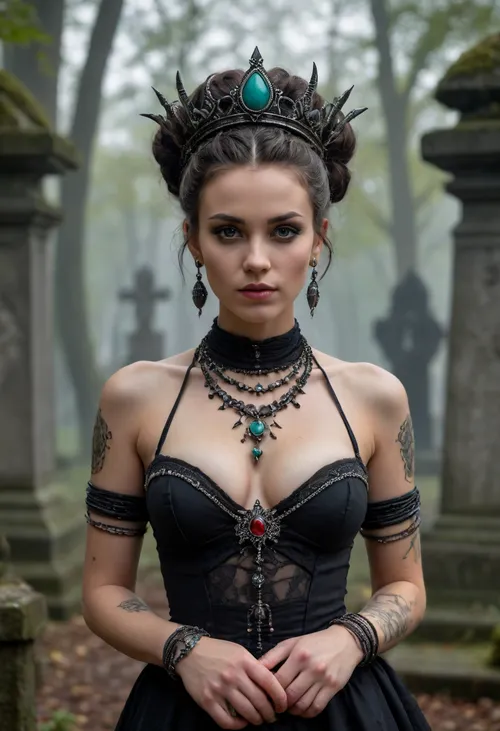 A girl with anthracite-colored hair pulled back in an elaborate coiffure of intertwined dreadlocks decorated with baked clay beads and tiny silver pendants stands in the middle of an abandoned cemetery in the thick night. With her ample breasts, narrow waist and rounded hips, her figure is wrapped in a draping fabric in warm golden tones, reminiscent of the ancient veil of a priestess — the material shimmers in the moonlight, exposing the curves of her body and creating a contrast between sacred aesthetics and sensual appeal. A face with sharp cheekbones, a high forehead, and full lips the color of ripe cherries looks both fragile and dangerous, the eyes are lined with black eyeliner that accentuates the greenish sparkles in the irises, and on the bridge of the nose you can see a thin vertical tattoo line that turns into a pattern on the forehead. A Gothic tiara of blackened silver with spikes and amethyst inserts crowns her head, combined with massive bracelets made of bone and turquoise, tiered obsidian beads and a necklace with an inverted crescent pendant. On the neck and wrists there are traces of ritual incisions, covered with amulets with engraved runes. She leans over the sagging headstone, resting her palm on the marble slab covered with moss and cracks, and her fingers, with their long nails painted black, touch the names carved on the stone. A wicked grin plays on her lips, revealing fangs with drops of blood-red luster, and sparks of witchfire flicker in the depths of her pupils. Shadows swirl around her, taking on the shapes of ravens and smoke, and a semi-transparent haze snakes under her feet, in which you can guess the silhouettes of skeletons. The moonlight filtering through the clouds sets off her figure, emphasizing both fragility and menace, sexuality and mystical power — she is like the embodiment of an ancient spell that attracts the eye with its demonic grace and promise of forbidden secrets.