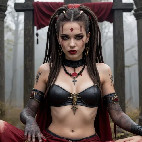 **, (gothic priestess:1.2), (anthracite dreadlocks with clay beads:1.3), (golden ritual drapery:1.4), (blood-red lips with fangs:1.5), (obsidian amulets on scars:1.6), A girl with anthracite-colored hair pulled back in intricate dreadlocks with burnt clay beads and silver pendants kneels at a rusty cross in the center of an abandoned cemetery. Her face is contorted * * with a wild grin**, her full cherry lips reveal fangs with drops of glistening red liquid, and her eyes with green sparkles under black eyeliner burn with fanatical fire. She * * digs her nails into the metal of the cross* *, (long black nails, cracked varnish), leaving deep scratches in the rust. Her right arm is wrapped around the cross, revealing the thorn-shaped tattoos on her wrist, and her left hand is clutching a dagger with a blade covered in the same dark substance. The priestess's golden veil slides down from her shoulders, revealing her ample breasts and waist, which is tied with leather belts with runes. Around her neck are obsidian amulets woven into ritual scars. Smoke * * swirls around her**, taking the form of ravens with scarlet eyes, and moss * * stirs under her feet**, exposing the bones that reach to her feet. Moonlight filtering through the mist highlights the contrast between the gold of the cloth, the glitter of the amethysts in the tiara, and the gloomy landscape. Her shadow on the cross **throbs* * as if alive, and the smell of iron and ancient magic is in the air.