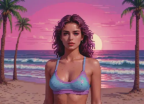pixelart of a sexy vaporwave beach babe, <lora:pixel-art-xl-v1.1:.9>