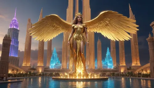 photorealistic image, fullcolor image, full body view, 8K quality, night, fantastic multi-colored lighting, the world of Atlantis, highly developed alternative technologies, futuristic siti, crystal energy-based technologies, Giant golden statues of gods and goddesses, (many fantastic flying machines), high-rise buildings made of gold and crystal glas