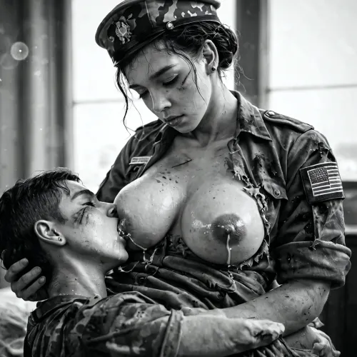 (hyper-detailed), (ultra-realistic), (black and white historical photograph), ((film grain)), bokeh, depth of field, best quality, masterpiece, (a young wetnurse is nursing a wounded soldier veteran:1.24), (Vietnam War field hospital setting), dirty torn clothes, (nipple-suckling), (nursing from her saggy medium breasts), (oversized extra-long nipple:1.33), (wide dark areola), lactation, nipples dripping milk, grope, she is cradling his head as he suckles from her breast