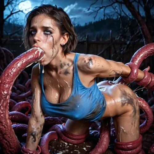 busty athletic 19 years Jill valentine getting assfucked by a huge tentacle monster, professional photograph, ultra detailed, intricate details, (photorealistic:1.5), 8k, UHD, tack sharp, (masterpiece:1), slim body, large breasts, large tits, (anal 1.5), sweaty, steamy, giant tentacles, crying, anal creampie, smeared makeup, blue tank top, dirty, dusty, (at night:1), eye rolling, JillRE, woman, (tentacle anal:1.5), (covered in cum:1.2), (tentacle oral:1.3), <lora:JillRE1800:.5>