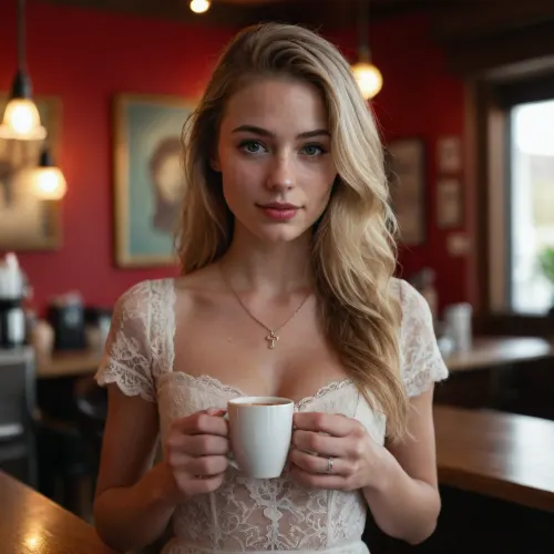 Female 22 yo barrista in a coffebar, natural blonde spectaculary dense long hair, a few of hair strands hanging loosely on her face, oblong face shape, high prominent cheekbones, roman nose shape, a lot of freckles on her nose and cheeks, wide lips, puffy lower lip, black upturned round eyes, wide pupils, skinny, B-cup breast, erected nipples. wide hips, tight waist, transparent lace dress, holding a cup of coffe in one of her hands, perfect hands, fixed hands, perfect fingers, fixed fingers, sledner fingers, slender hands, nails manicure, tempting gaze, seductive smirk, delicate necklace with a heart shaped ruby pedant, exotic flower embedded into her hair above the ear, vide wiew, full body portrait