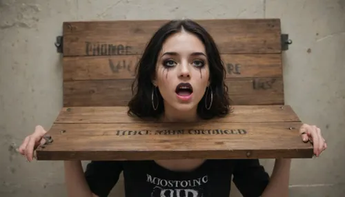 19 years old emo girl's head trapped in pillory, writing "fuck me", open mouth, thick black lipstick, ruined black makeup, long blond hair with much volume