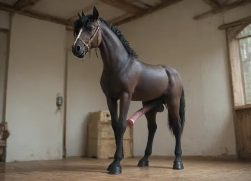 Large black shire stallion horse wide angle full body shot side on, large equine penis large horse cock erect horse hard dick, black fur, black horse