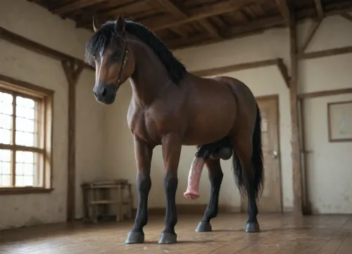 Large black shire stallion horse wide angle full body shot side on, large equine penis large horse cock erect horse hard dick, black fur, black horse