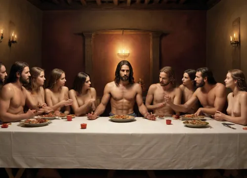 masterwork, masterpiece, highest quality, (the last supper), one jesus with twelve topless nude women