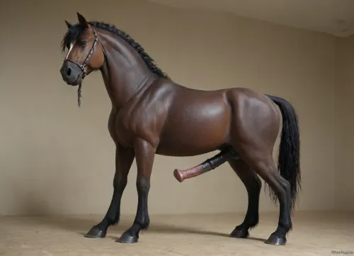 Large black shire stallion horse wide angle full body shot side on, large equine penis large horse cock erect horse hard dick, black fur, black horse