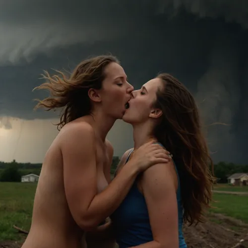 Young looking 18 year old girl and a 42 year old woman licking perfect pussy in reverse missionary position, in the middle of a tornado