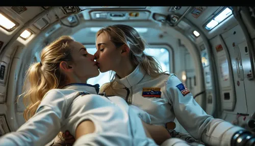 2women, Diana and Maria, full body view of Diana and Maria are astronauts on a space ship and enjoy lesbian oral sex in weightlessness surrounding, (kissing nipples by hovering above the ground:1.5), (long detailed hard nipples:1.3), (((hovering bodies:1.5))), ((floating bodies in zero gravity)), (((weightlessness))), Diana is a female 40 years old Astronaut, Diana has a perfect face, a slender and athletic body, blonde long hair, Blue eyes, small breasts, (flat-chested:1.2), (wearing white space uniform:1.4), (half pulled down uniform pants:1), (Dianas body floats weightlessly horizontal in middle of room), Maria is an slender African astronaut with ultra dark skin, highly detailed futuristic huge captain sleeping place on spaceship, LED lamps, low light, different screens, futuristic technic, (supernova outside window), cinematic, (masterpiece, detailed), upside, down, one, cunnilingus, 2girls, girl, licking, pussy, orgasmface, highly detailed, breathtaking, panoramic, but, mad-2cbrrm, mad-1cbrrm, (3D, Framed, Woman), Macabre, <lora:MJ52:1.1>, <lora:BUT_SDXL_SHS:1.1>, <lora:style_lora_realis:1.2>, <lora:Neon_Cyberpunk_Cyberarm_SDXL:1.7>, <lora:add-detail-xl:1.9>