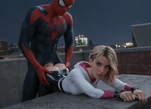 (Spidergwen from Spiderman:1.3), latex, (wrists shackled, hands behind back:1.2), slim build. Clothed, on stomach, showing ass, anal sex, 1boy, angry, cum on ass, rooftop. night, maximum details