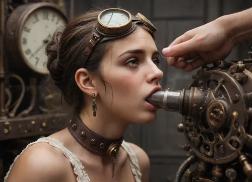 woman's head and neck mounted on steampunk machine, cloth, gag, ball, steampunk, steam, complicated steampunk machine, with levers, clocks, wheels, vacuum tubes, steampunknoireai, <lora:SteamPunkNoireAIp:1.2>, sad, tears, pain, fear, <lora:Sad_Face_SDXL:.8>, Thick, steel, collar, <lora:Collar-SDXL:.8>, dirty, smeared