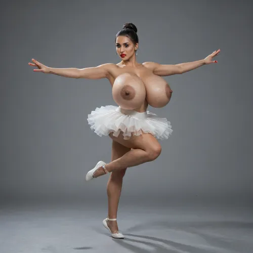 Ballerina topless, ((gigantic breasts:1.3)), (large dark areolas:1.3), slim, black hair in a bun, hand outstretched, tutu, ((legs)), ballet, onstage, bright red lips, heavy makeup, full lips