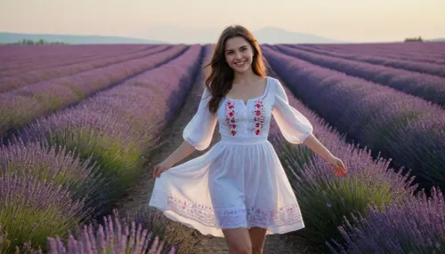 captivating young 5-feet brunette Ukrainian girl, smiling, desirable big breasts and thighs, traditional fine fabric loose-fitting snow-white embroidered extra long Ukrainian blouse and skirt covering knees on completely bare body, barefoot, clear blue sky, lavender field intensely blooming, sunrise