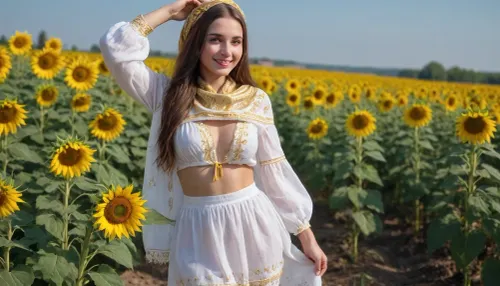 captivating young 5-feet brunette Ukrainian girl, smiling, desirable big breasts and thighs, traditional fine fabric loose-fitting snow-white gold-embroidered extra long Ukrainian blouse and skirt covering knees on completely bare body, a gold-embroidered snow-white scarf over head, barefoot, clear blue sky, lush human-height sunflowers intensely blooming, sunrise
