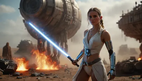 Star Wars Style, heroic full body portrait of a female dignified solo Jedi Warrior, (action pose:1.5), fighting dynamically in huge burning spaceport on desert planet, attacking, highly detailed Jedi costume, slender, slim waist, long blonde matted dreadlocks, flat breasted, sweating skin, dirt, perfect tanned skin, lucky charm necklace, (holds perfect lightsaber:1.5), perfect hands, belt, highly detailed face, desert, floating warm sunlight, Background, (millennium falcon), R2-D2, shipyard, many explosions in Background, many droids, intricate detail, highly detailed, breathtaking, panoramic, cinematic, (3D, Framed, Woman), Macabre, DonMSp3ctr4lXL, mad-2cbrrm, mad-1cbrrm, FRESHIDEAS, Real, Photography, 2#, cloudy, smoke, atmospheric, clouds, fog, <lora:MJ52:2>, <lora:DonMSp3ctr4lXL-000008:1.8>, <lora:Neon_Cyberpunk_Cyberarm_SDXL:1.8>, <lora:FRESHIDEAS Real Photography 2#:.8>, <lora:Cloudy_Style:1.4>