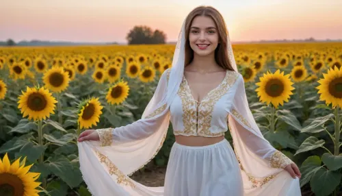 captivating young 5-feet brunette Ukrainian girl, smiling, desirable big breasts and thighs, traditional fine fabric loose-fitting snow-white gold-embroidered extra long Ukrainian blouse and skirt covering knees on completely bare body, a gold-embroidered snow-white scarf over head, barefoot, clear blue sky, lush human-height sunflowers intensely blooming, sunrise