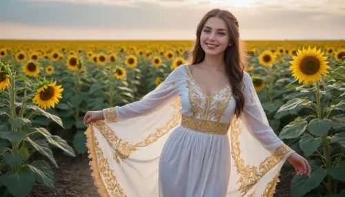 captivating young 5-feet brunette Ukrainian girl, smiling, desirable big breasts and thighs, traditional fine fabric loose-fitting snow-white gold-embroidered extra long Ukrainian blouse and skirt covering knees on completely bare body, a gold-embroidered snow-white scarf over head, barefoot, clear blue sky, lush human-height sunflowers intensely blooming, sunrise