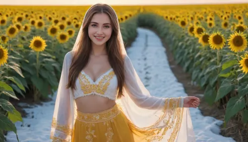 captivating young 5-feet brunette Ukrainian girl, smiling, desirable big breasts and thighs, traditional fine fabric loose-fitting snow-white gold-embroidered extra long Ukrainian blouse and skirt covering knees on completely bare body, a gold-embroidered snow-white scarf over head, barefoot, clear blue sky, lush human-height sunflowers intensely blooming, sunrise