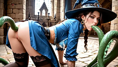 Medium breasts, Rounded ass, 1 Woman, Dutch, 40 Years old, Brunette hair, Fit, Beauty face, blue Medieval clothes, European, Castle, Unbuttoned clothes, leather Witch clothes, Stockings, Hat, nipples exposed, Semi realistic, Tentacle, Anal masturbation, tentacle in asshole, Anal sex, A hot witch getting fucked in the ass by a slimy tentacle, slimy octopus tentacle penetrating witch's asshole, MILF sucking on tentacle, blowjob, mouth sucking on green tentacle, A hot witch on all fours getting fucked in the ass by a slimy tentacle, from behind