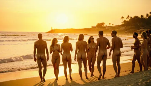 Cinematic, wide angle, golden hour, 35mm. Distant POV of a large outdoor view of a nude beach, many nude men and women mingling, eating, swimming, and engaging in nude activities. Detailed bodies, clear faces, no deformities.