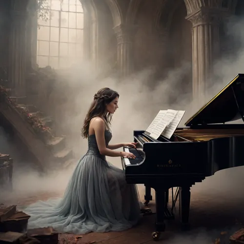 illustration. draw with ink and brush, symphonic metal, Harpsichord, virtuos, female, create a captivating blend of lush backing textures, sweeping arrangements, epic and majestic. shrouded in soul aura and decay fog. Three levels. shallow depth of field, parallax. close-up. /©KlTTY-ART/
