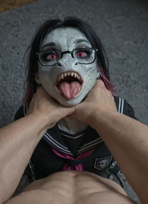 ((skinny goth woman), (petite mean aggressive scaly pink gothic anthro dragon woman:1.2982), (dominating a human male), becoming sex crazed), (sexy glasses), (wearing a white and blue very tight school uniform:1.2), (detailed dragon scale texture), exposed medium firm tits, ((choking a man)), (sexy body), (scaly sharp dragon claws), <lora:SG2:.8>, doggystyle, from, behind, human, on, anthro, feral, <lora:SDXL_Human_Male_Furry_Female:.8>