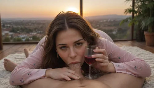 At the balcony, a mature woman laying on the floor, (holding a glass of red wine), wet hair, in her pajamas, cum over her, horny, drunk, playful, drooling, thick tights, round ass, no bra, soft tits, dynamic pose, legs spread, on the floor, tired face, drowsy, lost gaze, averted gaze, perfectly drawn face, detailed, high resolution, realistic, wideshot view, pov view., (Deepthroat), . Golden hour, sunset, high contrast, beautiful scenery, sun in the back