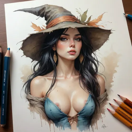 woman, Fashion sketch, fashion concept art of a, ((high-quality drawing with colored pencils)), natural small titty evil anime witch with a nontraditional witch hat and black hair, full portrait, dark fantasy, intricate details, (((high quality sketch details Jean Baptiste Monge))), Carne Griffiths, Michael Garmash