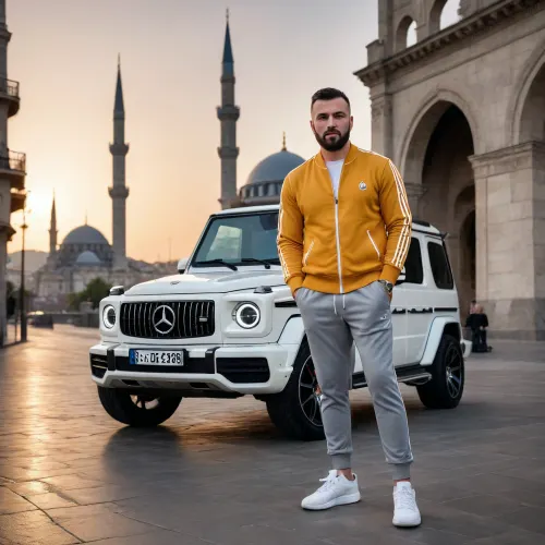 realistic cinematic photo of a large broad-shouldered overweight 33-year-old big man with a typical Turkish build and neatly trimmed stubble beard, wearing an Adidas tracksuit with white stripes and stylish modern sneakers, standing beside his Mercedes-Benz G-Class G63 AMG latest model with the driver’s door open and headlights on, leaning casually on the open door with one hand, facing the camera with a confident smirk and, (stylish modern Turkish haircut, short fade on sides, neatly styled top), wearing gold jewelry — thick chain necklace, luxury watch, and diamond rings, wet pavement shining after a short summer rain, reflections of sunset light on the SUV’s glossy surface, street cats and tea glasses nearby, the Bosphorus Bridge and mosque domes glowing in the evening sunlight, photorealistic urban realism, cinematic lighting, 35 mm film grain, ultra-detailed